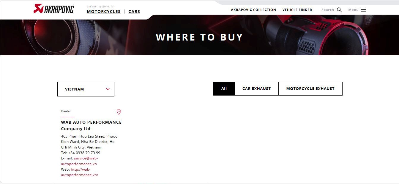 WAB Auto Performance là đơn vị phân phối thương hiệu Pô thể thao Akrapovic nổi tiếng chính thức tại Việt Nam với các dòng sản phẩm Pô Akrapovic cho xe hơi.