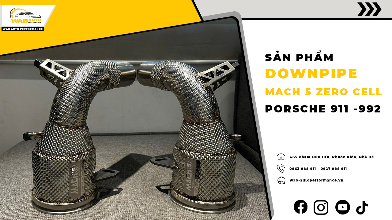 Sản phẩm downpipe Mach 5 zero cell cho đời xe Porsche 911 – 992, phù hợp với các dòng xe Porsche 911 từ đời cuối 2019 đến đầu năm 2024. Downpipe Mach 5 Zero Cell giúp xe tạo ra âm thanh ống xả trầm ấm và mạnh mẽ hơn, làm tăng thêm sự cá tính cho chiếc xe của bạn.